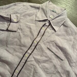 120% Lino Shirt Mens XL Purple 100% Linen Embroidered Trim Made in Italy Luxury